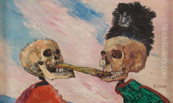 Skeletons Fighting over a Pickled Herring Oil Painting by James Ensor