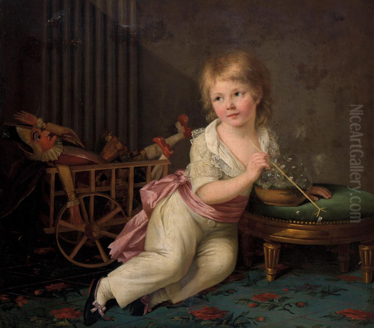 Portrait of Henri Gabiou playing with soap bubbles Oil Painting by Marie-Elisabeth Gabiou