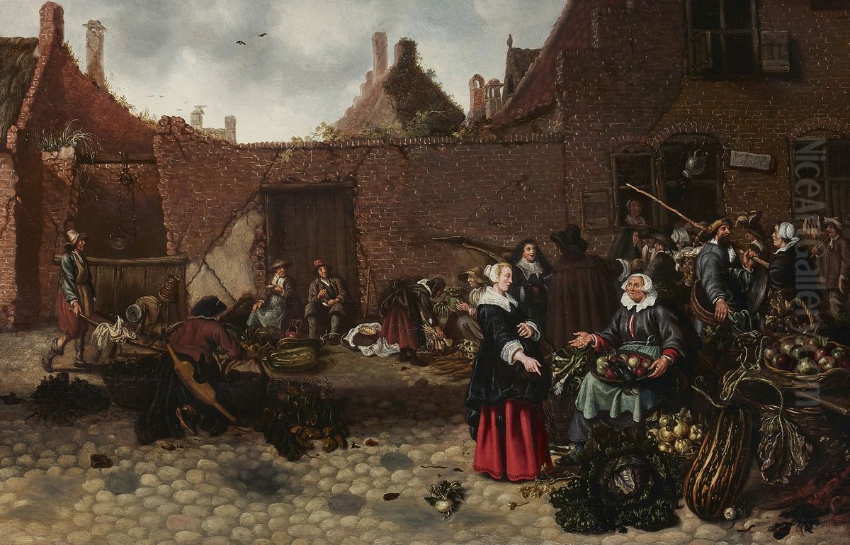 Groentemarkt op een binnenplaats Oil Painting by Sybrand Van Beest