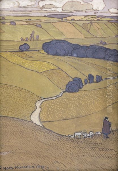 Shepherd with herd in hilly landscape with high horizon Oil Painting by Franz Xaver Hoch