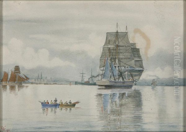 Ships off Kronborg castle. Oil Painting by Viggo A. Hoff