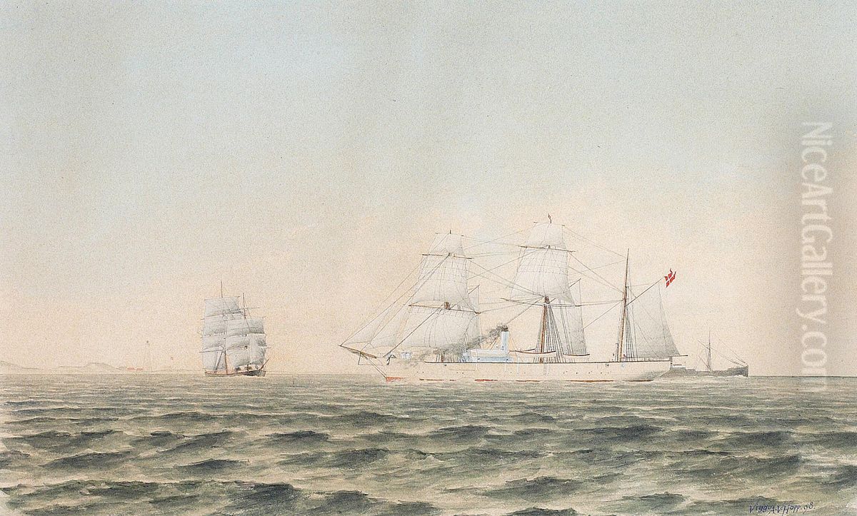 The Ingolf off Skagen lighthouse. Oil Painting by Viggo A. Hoff