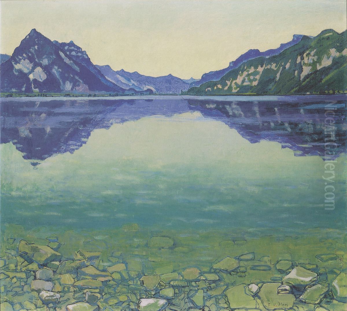 Thunersee mit symmetrischer Spiegelung vor Sonnenaufgang Oil Painting by Ferdinand Hodler