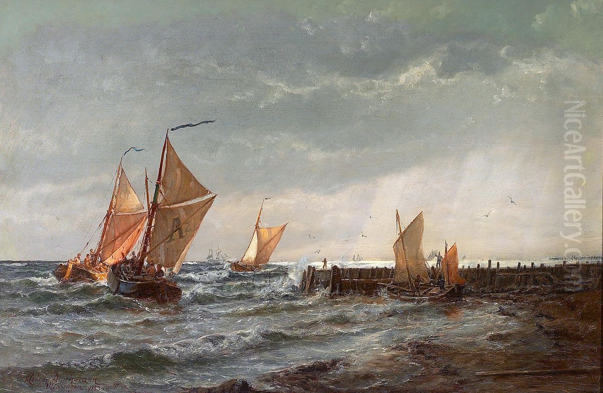 Fishing boats off the coast at Vlissingen. Oil Painting by Holger Drachmann Fishing boats off the coast at Vlissingen. Oil Painting by Holger Drachmann