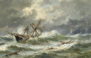 A ship in distress off the coast, in the background a lighthouse