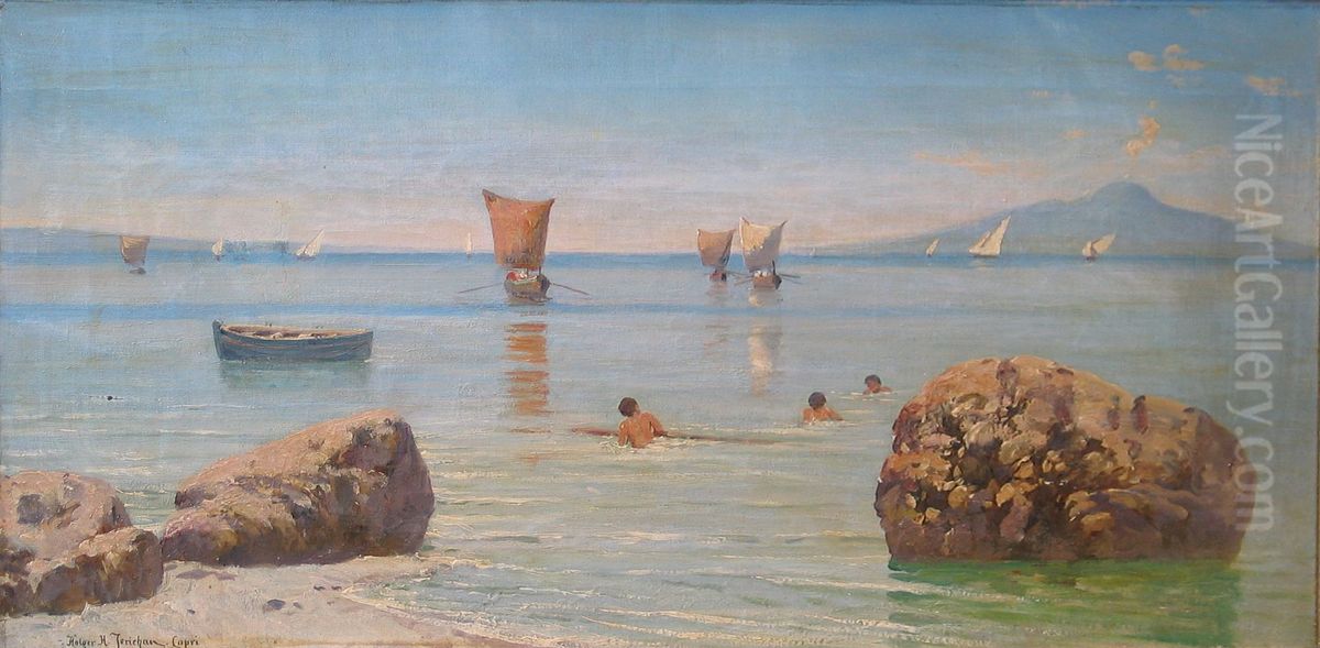 Coastal view from Capri with children bathing, Vesuvius in the background. Oil Painting by Holger H. Jerichau