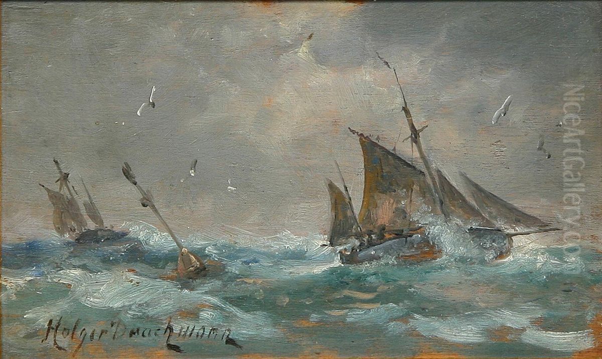 Ships in a storm. Study. Oil Painting by Holger Drachmann