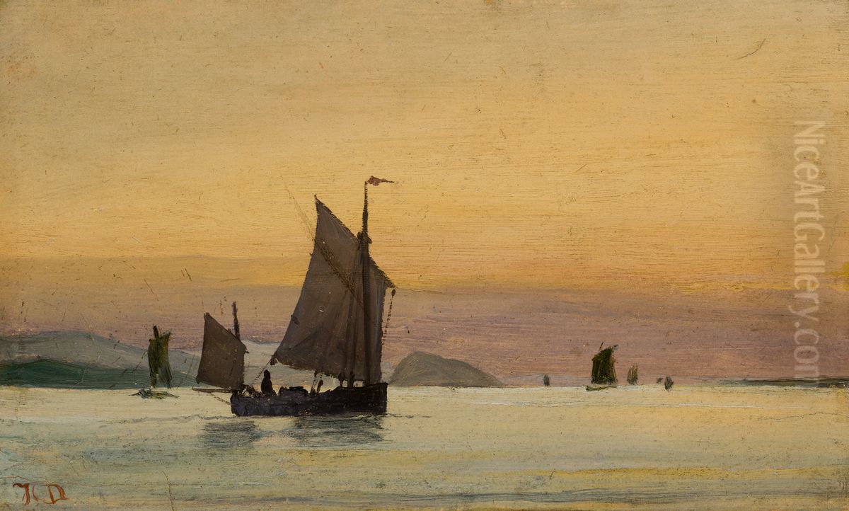Fishing boats in calm weather. Evening. Oil Painting by Holger Drachmann