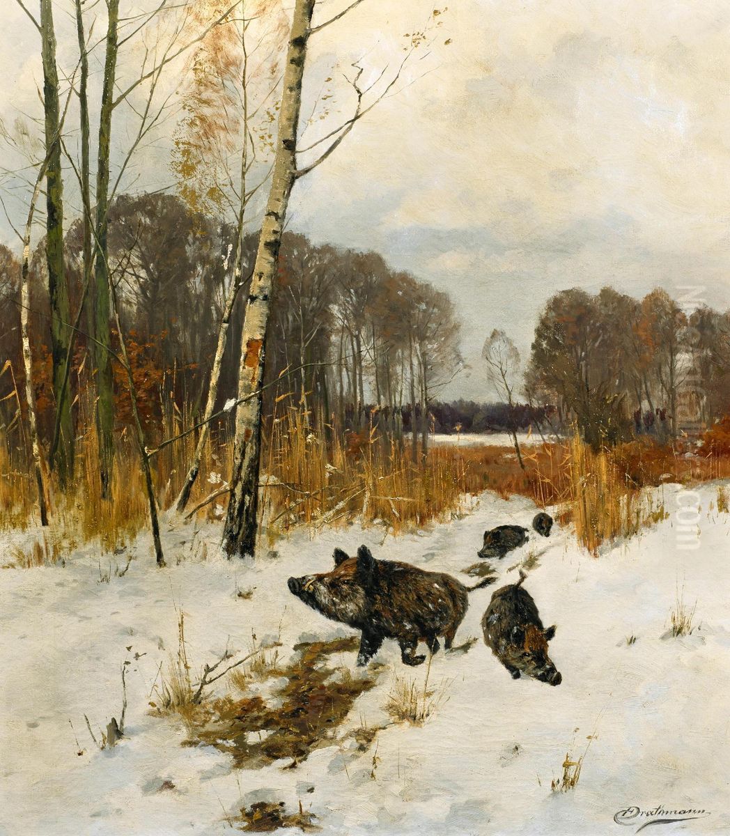 Wild boars in the snow Oil Painting by Johann Christopher Drathmann