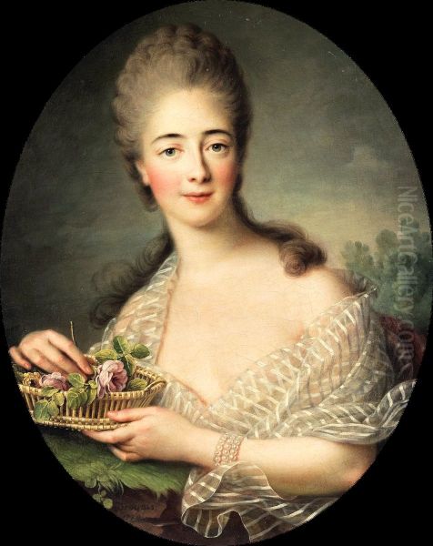 Portrait ofMadame du Barry(1743-1793) holding a woven basket of pink roses. Oil Painting by Francois-Hubert Drouais