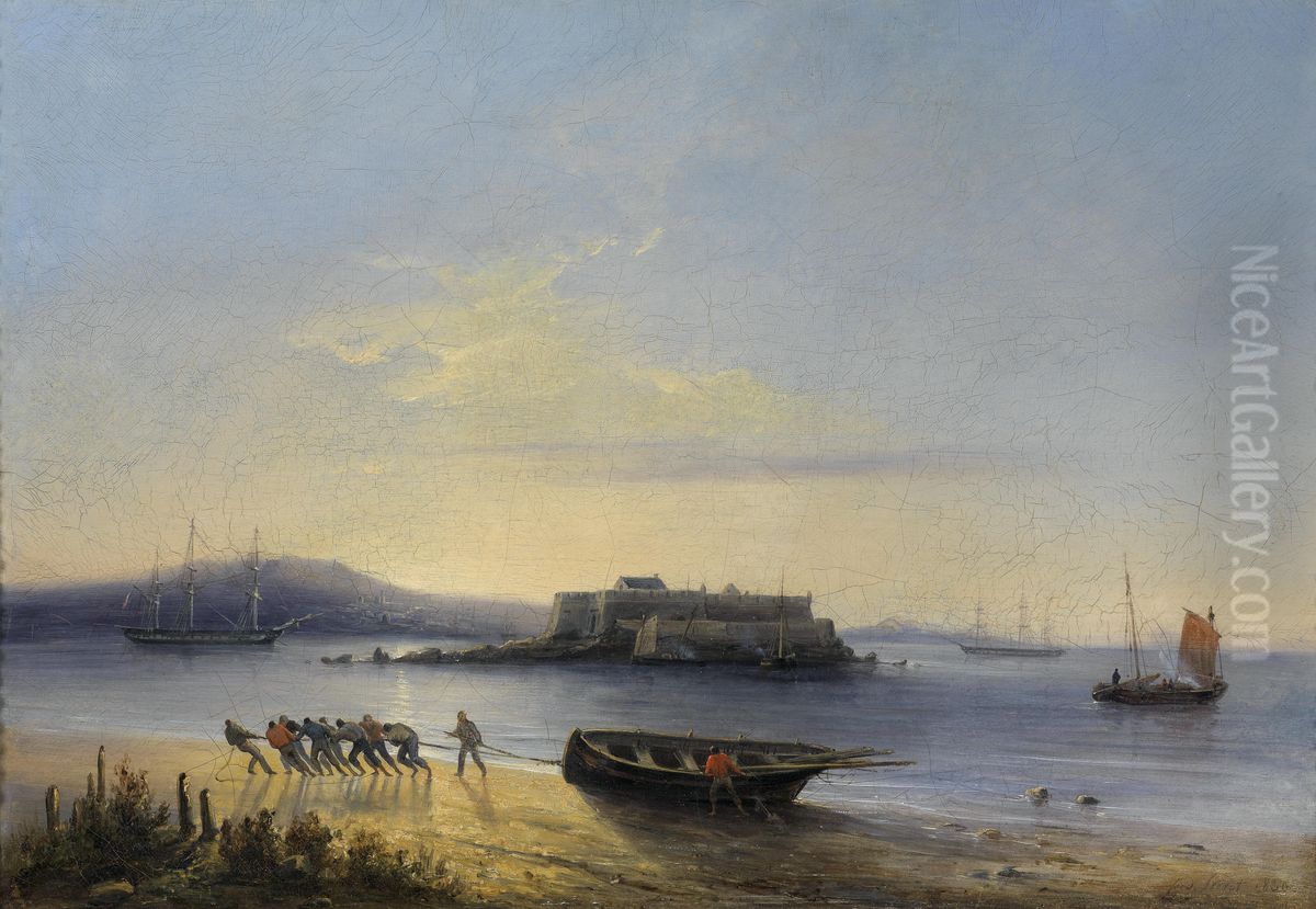 Arrivee du bateau sur la plage Oil Painting by Ferdinand Perrot