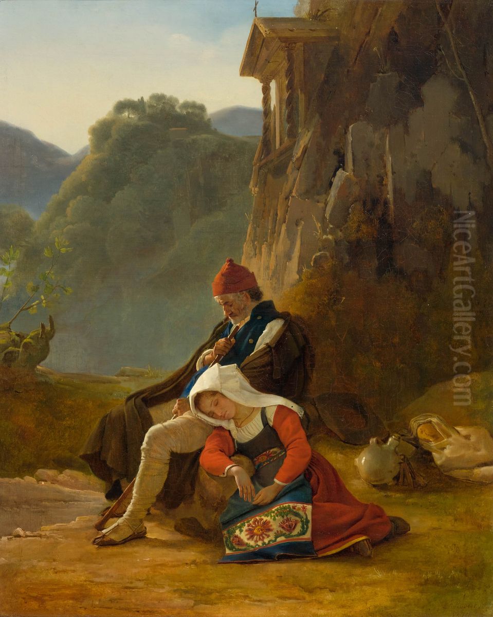 A shepherd and his sleeping daughter Oil Painting by Leopold Robert A shepherd and his sleeping daughter Oil Painting by Leopold Robert