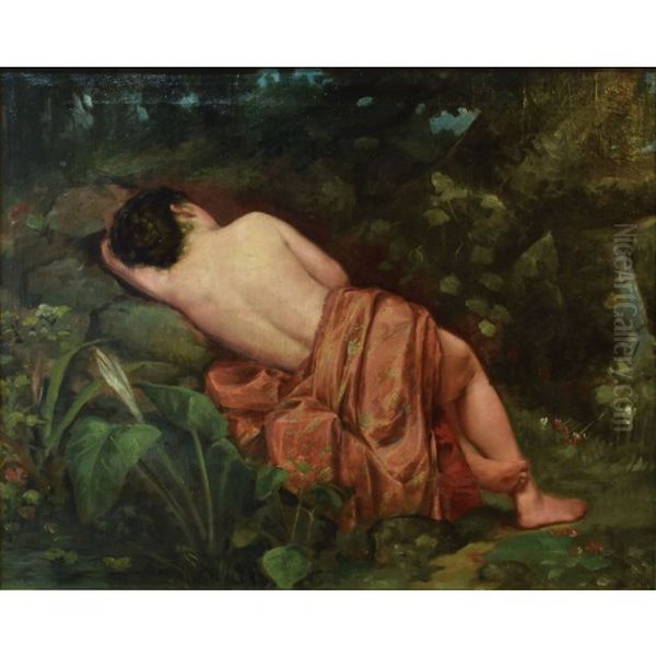 Draped Nude, Reclining in a Forest Landscape Oil Painting by Felix Resurreccion Hidalgo Y Padilla