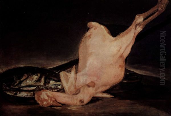Stilleben, Gerupfter Truthahn und Pfanne mit Fischen Oil Painting by Francisco Goya