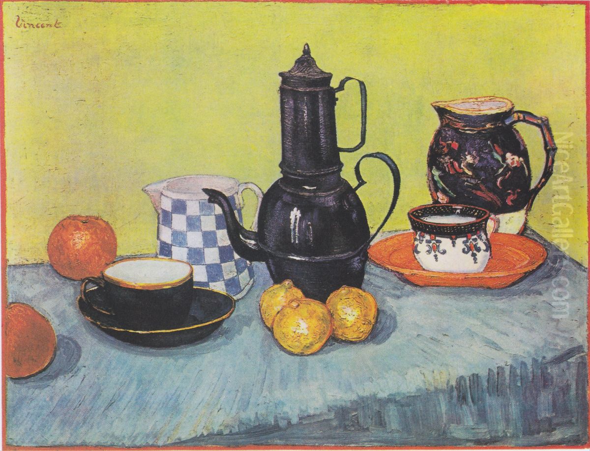 Still life with coffee pot, dishes and fruit Oil Painting by Vincent Van Gogh