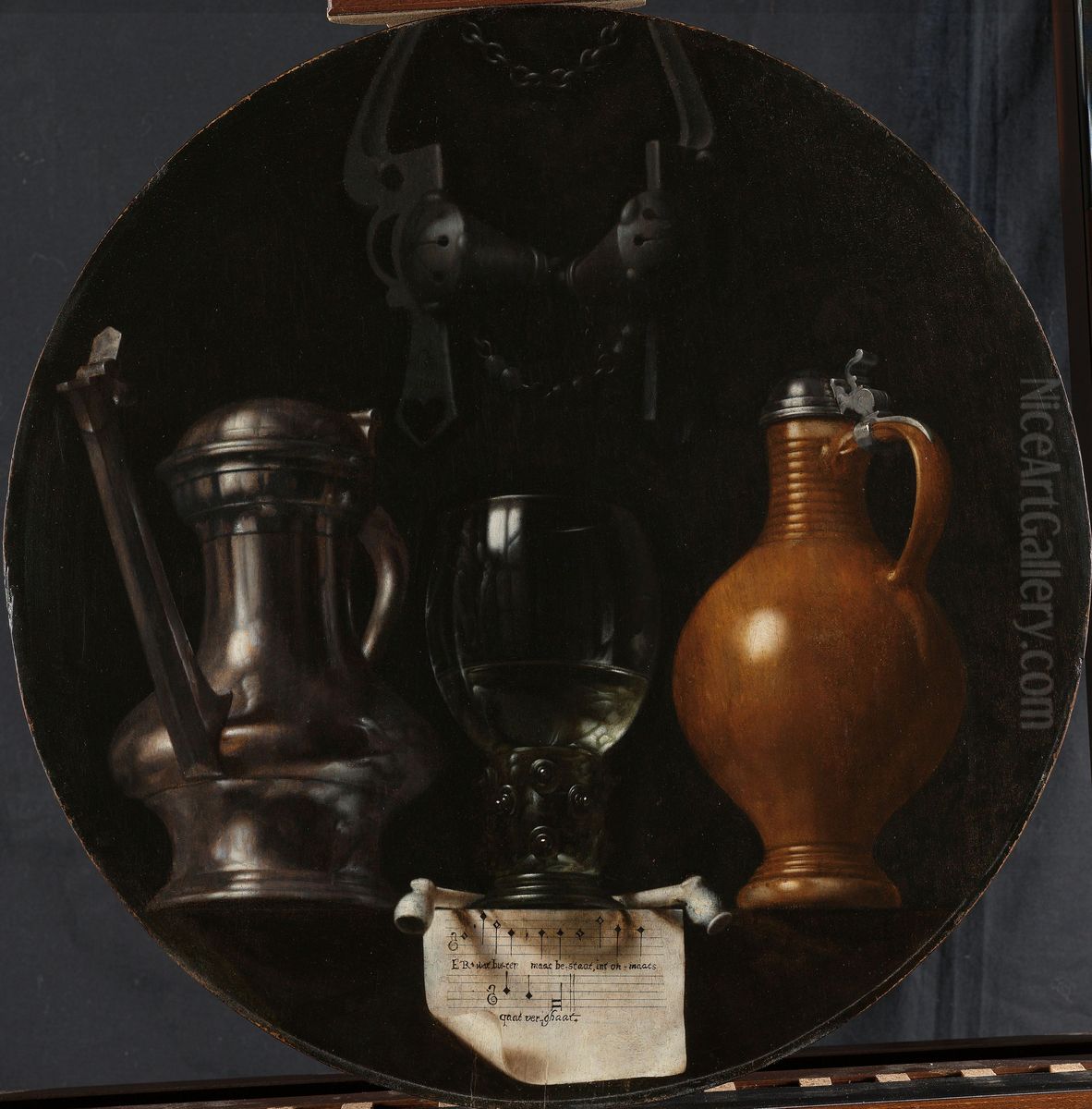 Emblematisch stilleven met kan, glas, kruik en breidel Oil Painting by Johannes van der Beeck