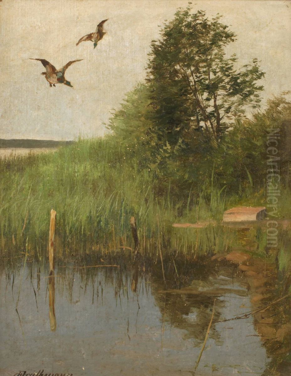 Landing mallards Oil Painting by Johann Christopher Drathmann