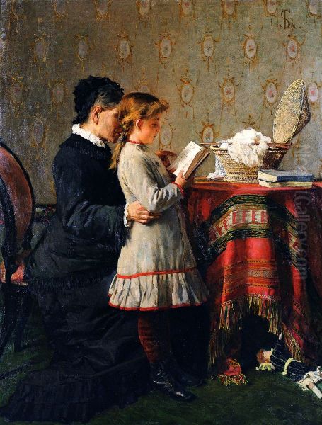 La lezione della nonna Oil Painting by Silvestro Lega