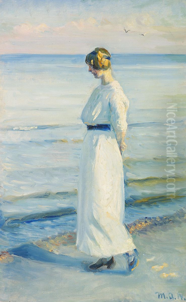 Ung kvinde i hvid sommerkjole pa Skagen Strand. Oil Painting by Michael Peter Ancher