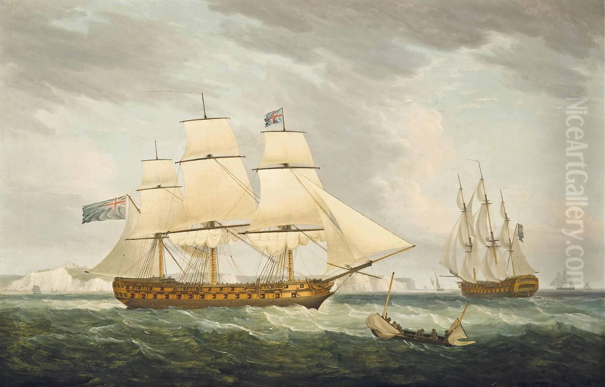 H.M.S. Bombay Castle, in two positions, in the Channel off Dover Oil Painting by Thomas Whitcombe