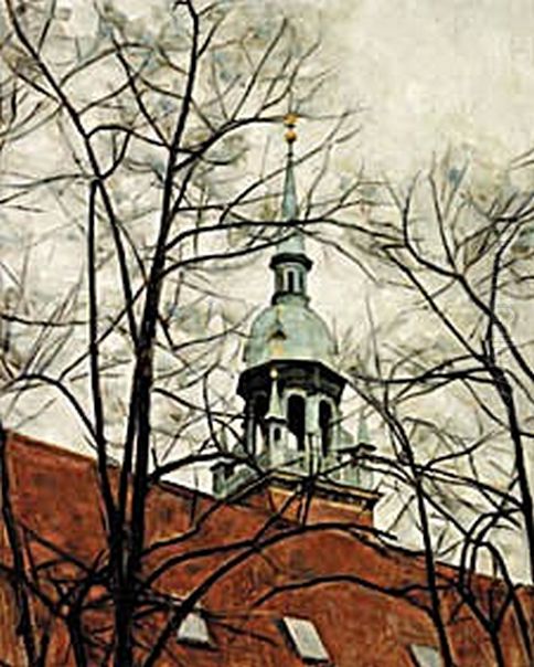 The spire of Helligandskirken (Church of the Holy Spirit) in Copenhagen. Oil Painting by Svend Hammershoi