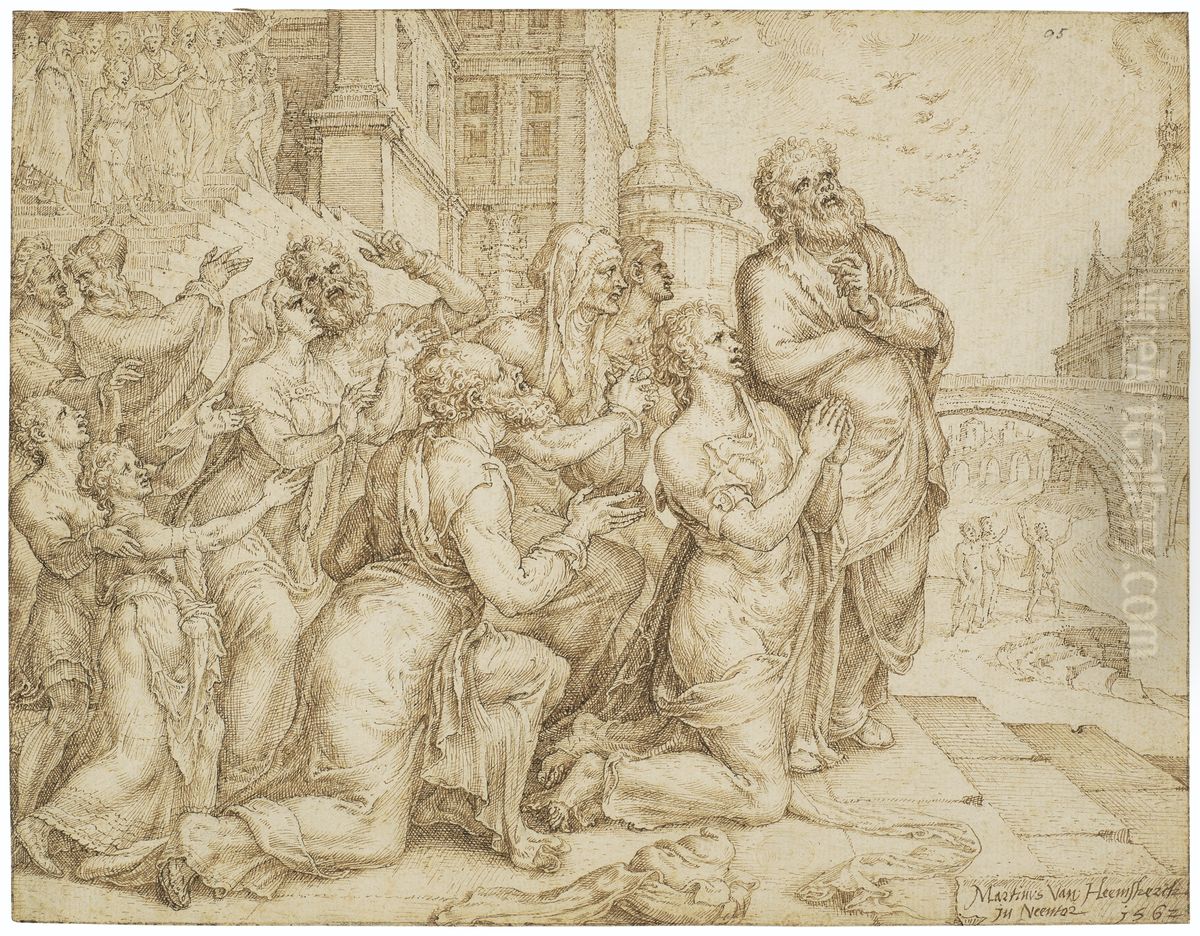 Susanna and her relatives praising the Lord Oil Painting by Maarten Van Heemskerck