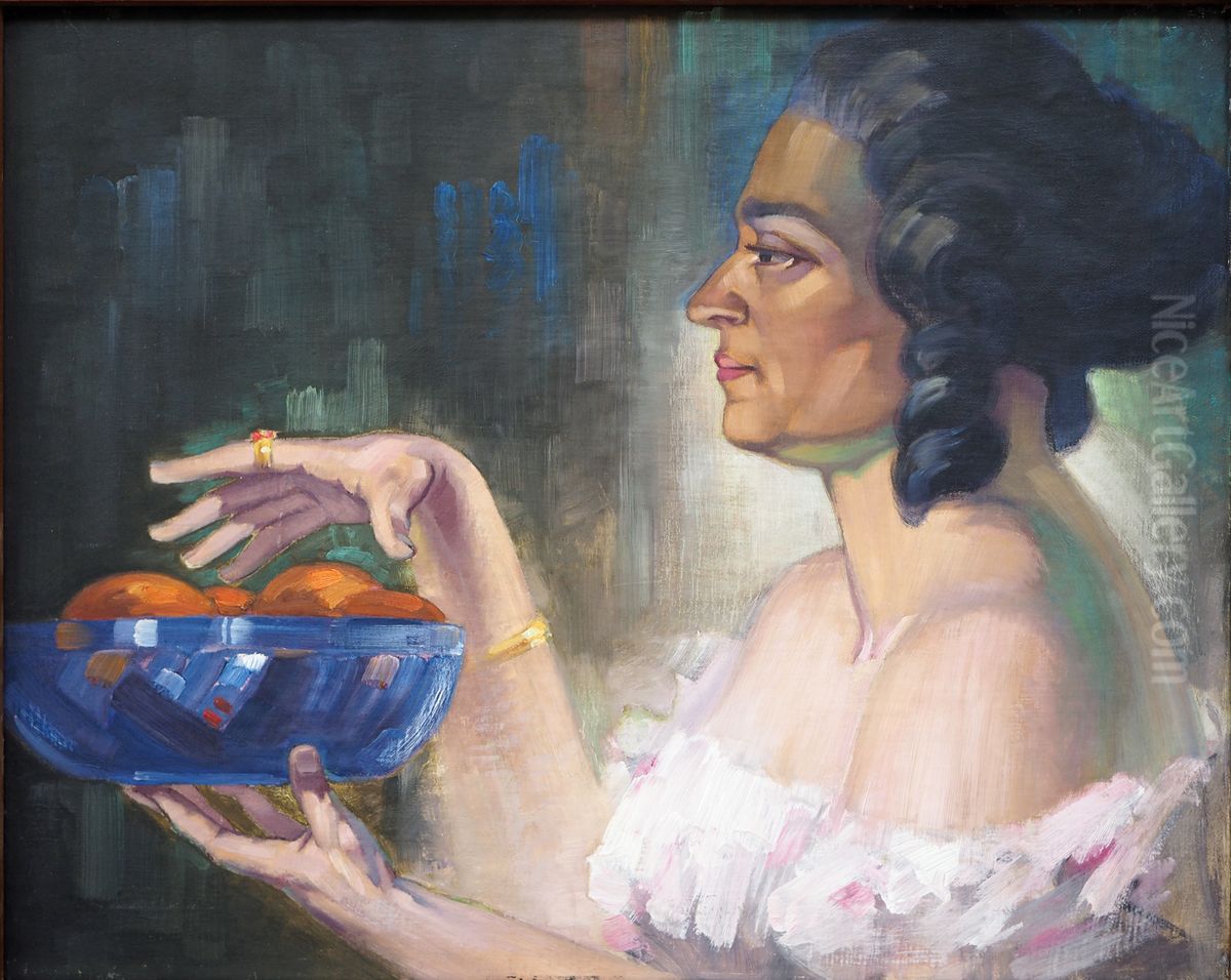 Frau mit blauer Schale (Dorothea Konig im Profil) Oil Painting by Albert Konig