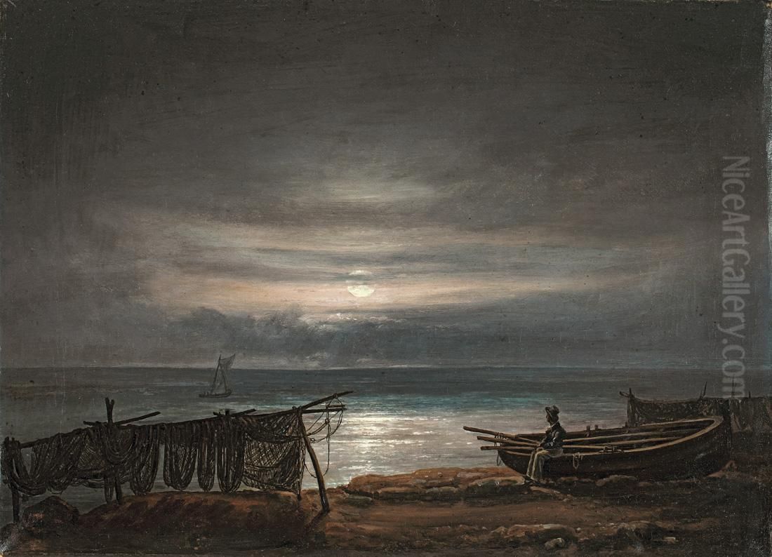 Baltic Sea beach at full moon Oil Painting by Johann Friedrich Boeck