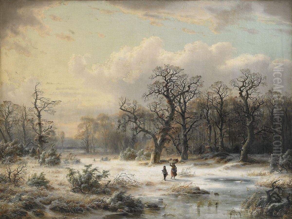Winter landscape with mother and child Oil Painting by Ludwig Scheins
