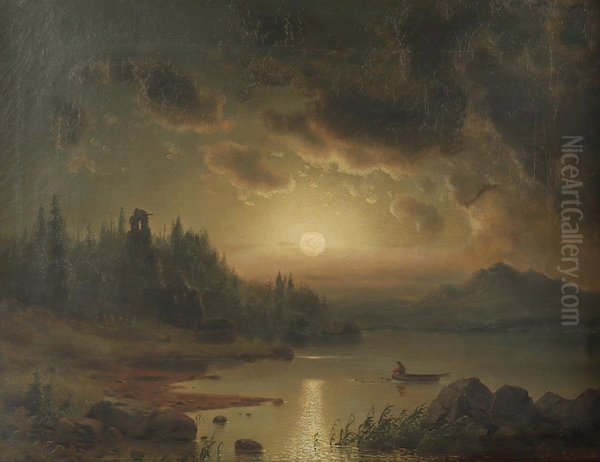 Moonlight landscape with ruins and fishermen Oil Painting by Ludwig Scheins