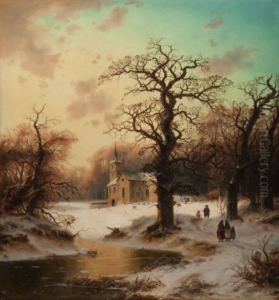 Winter landscape with gnarled Oaks in front of a church Oil Painting by Ludwig Scheins