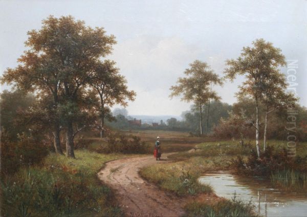 A lady on a pathway by a stream Oil Painting by Hendrik Pieter Koekkoek