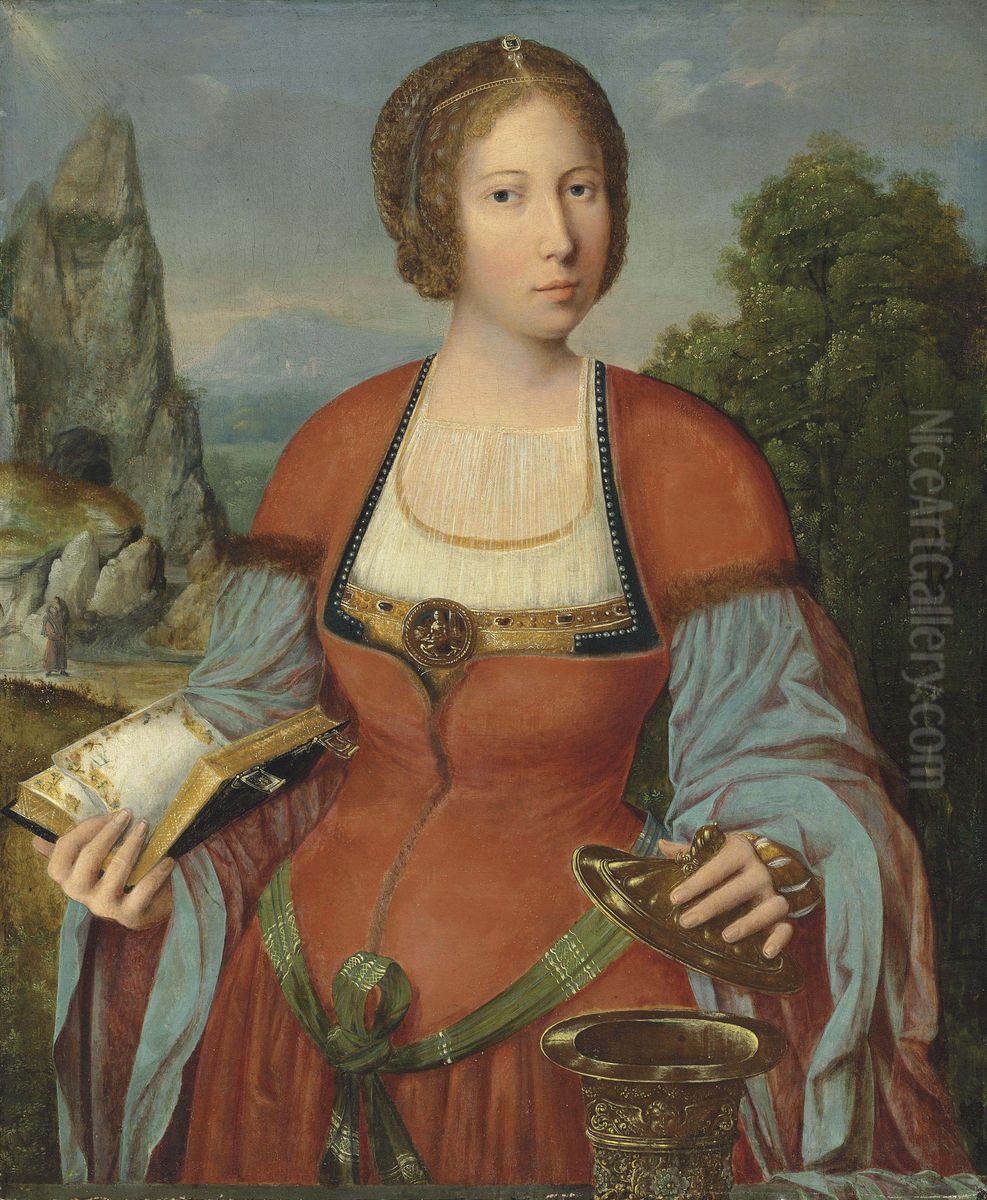The Magdalene holding a Book of Hours in a landscape Oil Painting by Master of the Mansi Magdalen