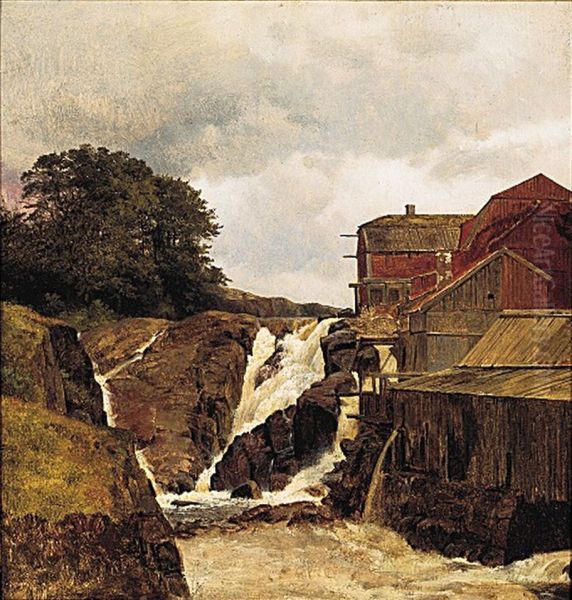 Norsk landskab med savvaerk ved en fos. Oil Painting by Frederik Sodring