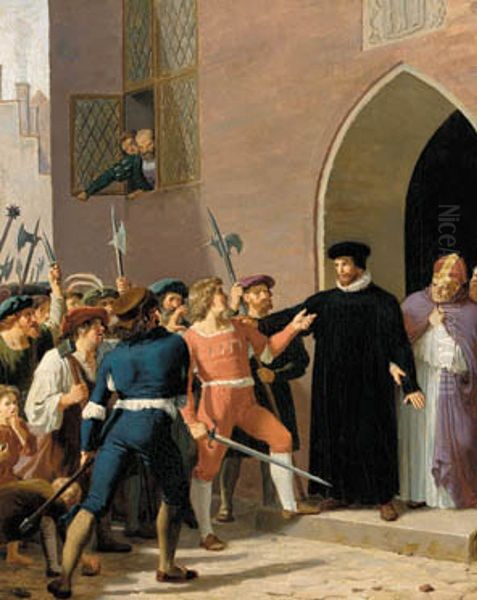 Hans Tausen beskytter biskop Ronnow mod de opbragte kobenhavnske borgere. Oil Painting by Adam August Muller