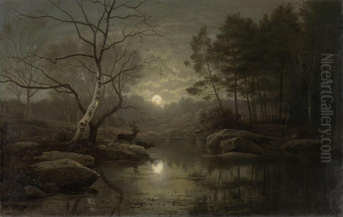 Boslandschap bij maanlicht. Oil Painting by Georg Saal