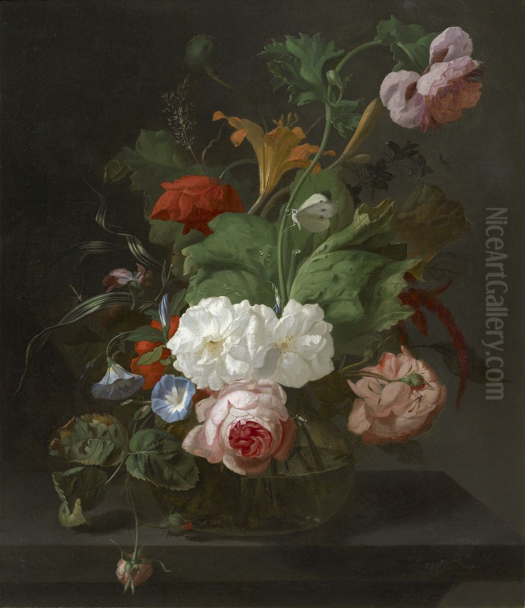 Flowers in a Glass Vase Oil Painting by Rachel Ruysch