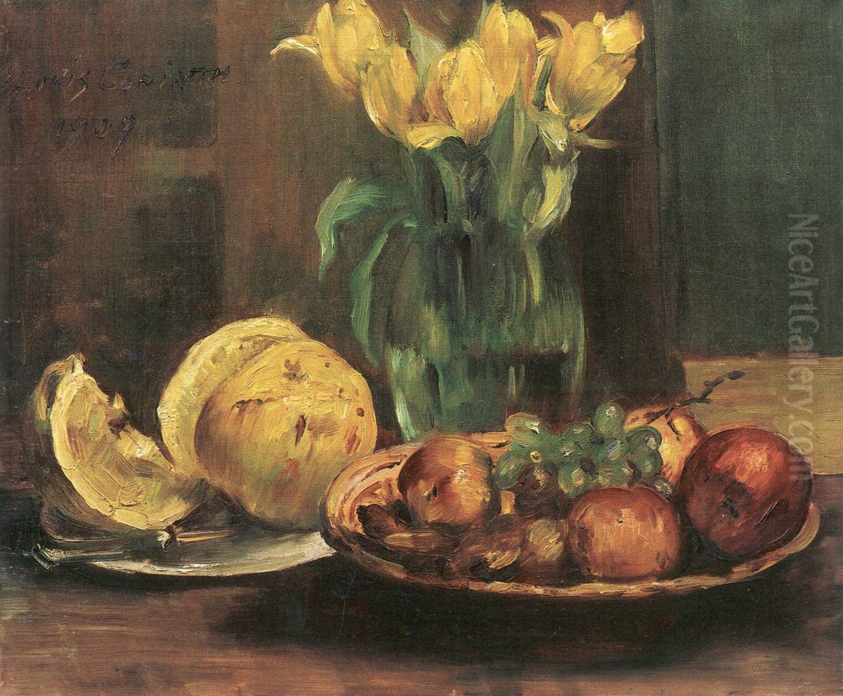 Stillleben mit gelben Tulpen, Apfeln und Grapefruit Oil Painting by Lovis (Franz Heinrich Louis) Corinth