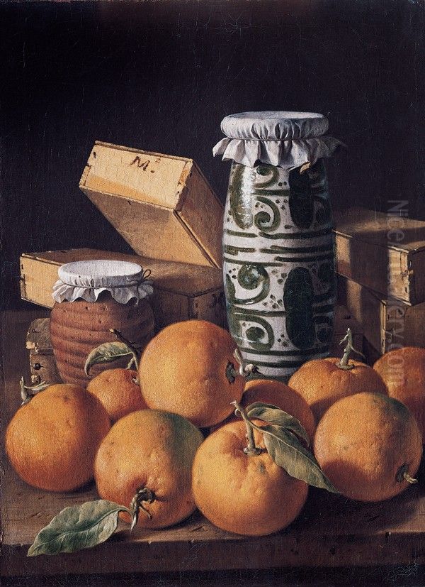 Still Life with Oranges, Manises vase, honey pottery jar and Boxes of Sweets Oil Painting by Luis Egidio Melendez