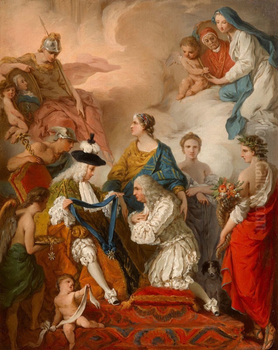 The Duke of Saint Aignan Investing Girolamo Vaini, Prince of Cantalupe and Duke of Selci, with the insignia of a Knight of the Holy Spirit Oil Painting by Pierre Subleyras