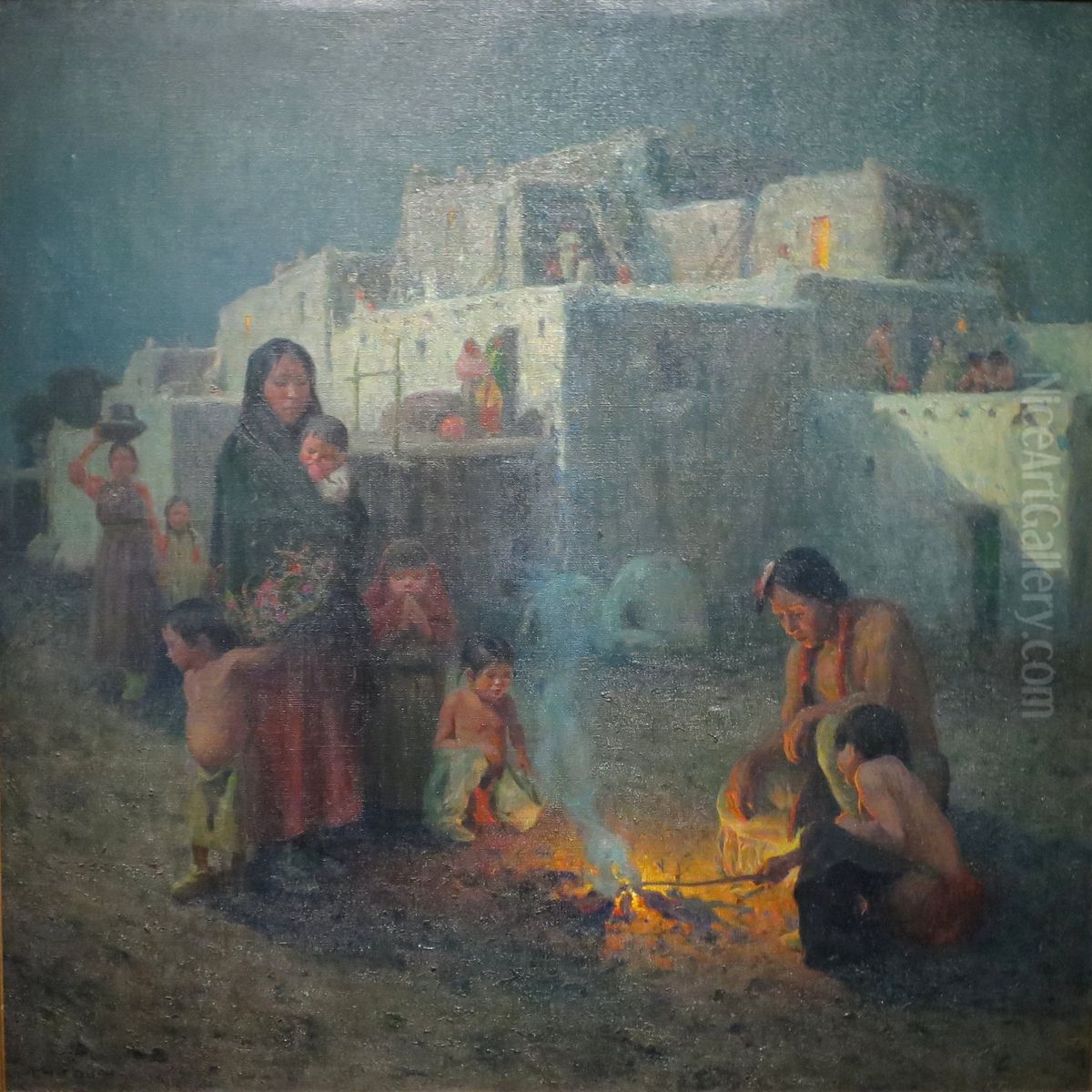 Taos Pueblo--Moonlight Oil Painting by E. Irving Couse