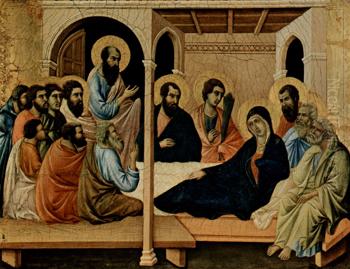 Maesta, Altarretabel des Sieneser Doms, Vorderseite, Altarbekronung mit Szenen zum Marientod, Szene: Abschied Marias von den Aposteln Oil Painting by Duccio Di Buoninsegna
