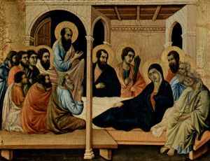 Maesta, Altarretabel des Sieneser Doms, Vorderseite, Altarbekronung mit Szenen zum Marientod, Szene: Abschied Marias von den Aposteln