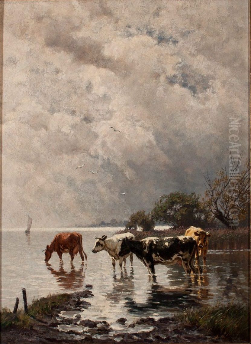 Kuhe im Wasser Oil Painting by Carl Malchin