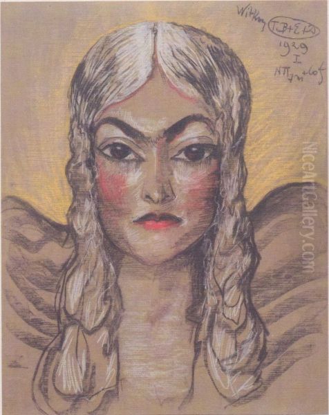 Portrait of Kazimiera Rychterowna, in a wig with braids Oil Painting by Stanislaw Ignacy Witkiewicz (Witkacy)