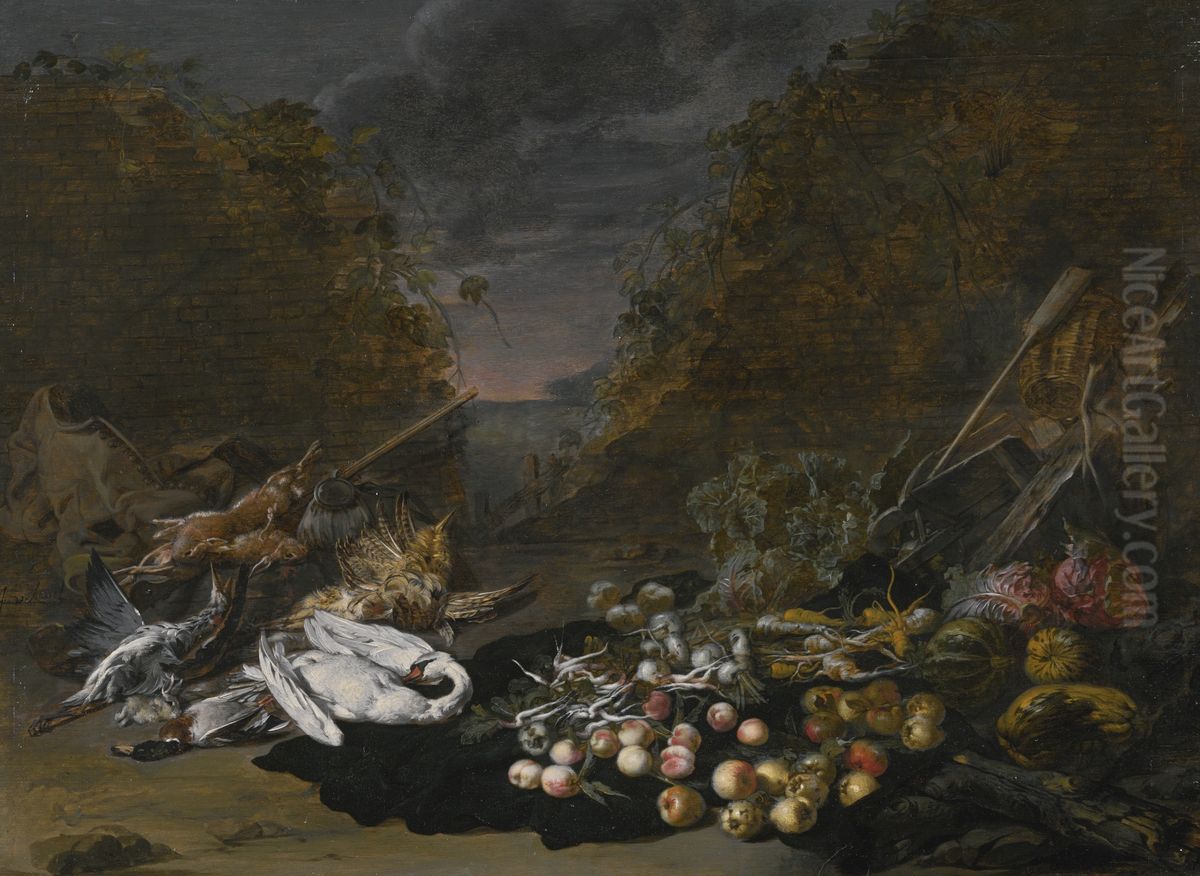 A still life of a swan and other birds, with rabbits, fruit and vegetables and a landscape beyond Oil Painting by 'the other' Jan van Kessel