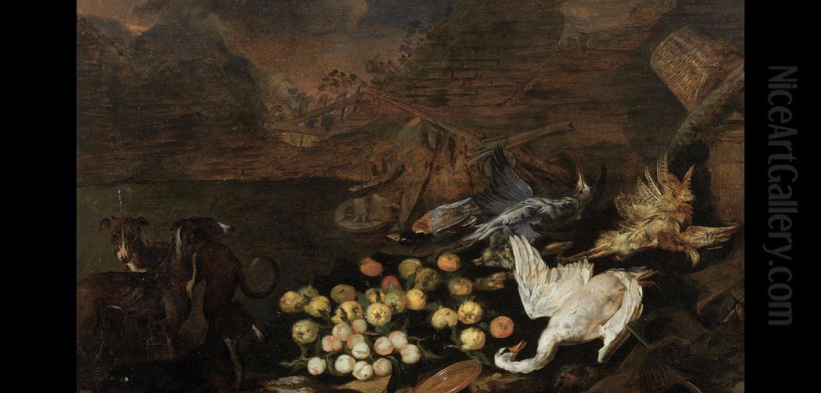 Game and fruit still life with poultry and hounds Oil Painting by 'the other' Jan van Kessel