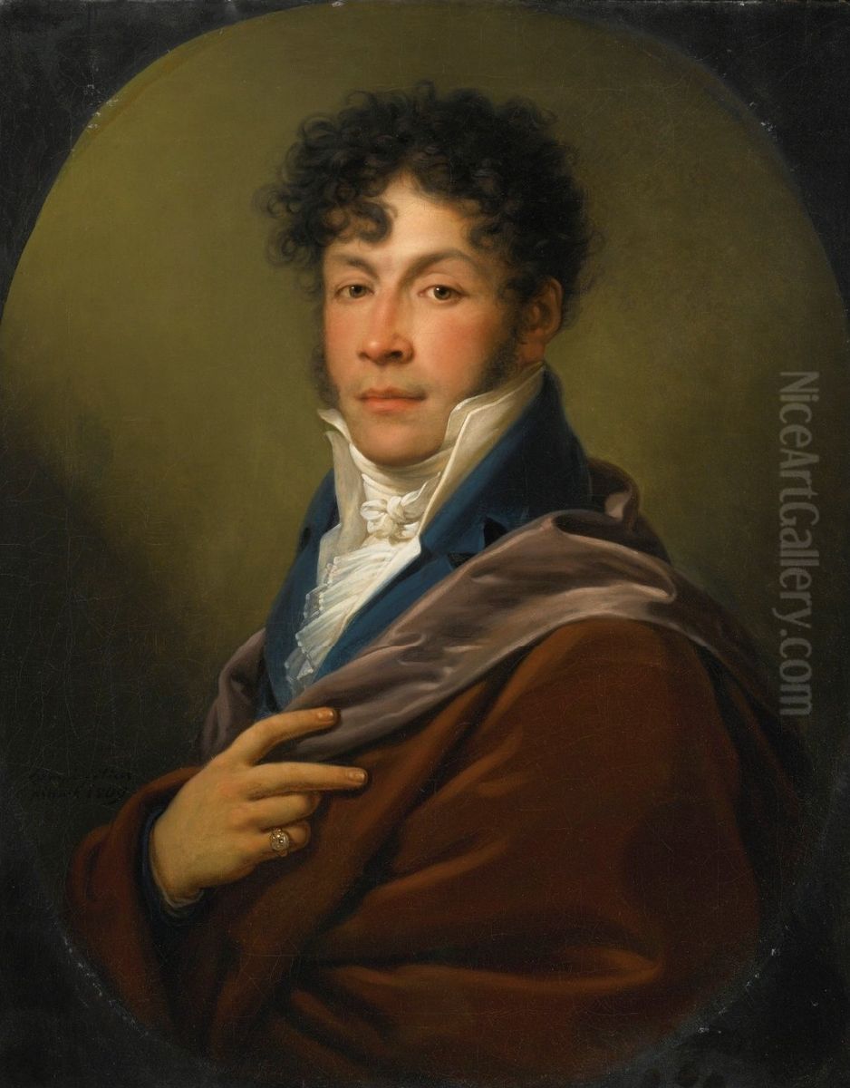 Portrait of a Gentleman, Half Length, in a White Ruffled Shirt and Blue Jacket Oil Painting by Johann Baptist von Lampi the Younger