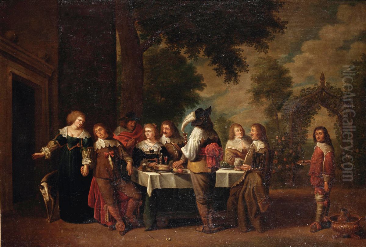 An elegant company dining and making merry in a garden Oil Painting by Christoffel Jacobsz van der Laemen