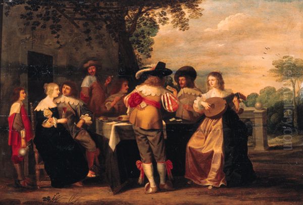 Elegant company merrymaking on a terrace Oil Painting by Christoffel Jacobsz van der Laemen